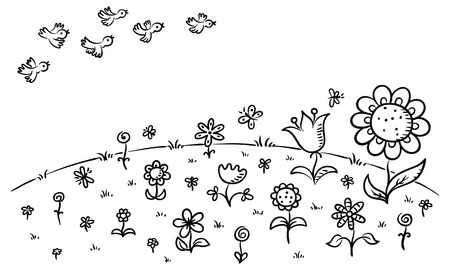 Flowers on a hill and flying birds, can be used as a pattern or backgroundのイラスト素材