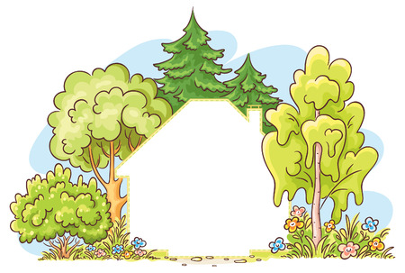 Blank frame in the form of a house with a garden, no gradientsのイラスト素材