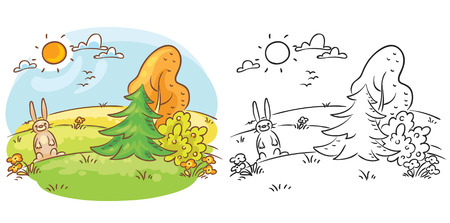 Cartoon hare in the wild on a sunny day, both colored and black and whiteのイラスト素材