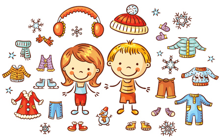 Winter clothes set for a boy and a girl, items can be put on, colorful cartoonのイラスト素材