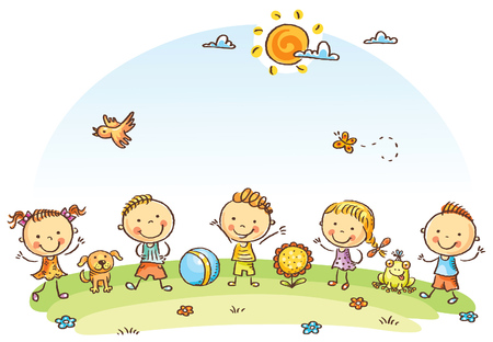 Happy cartoon kids outdoors on a green meadowのイラスト素材