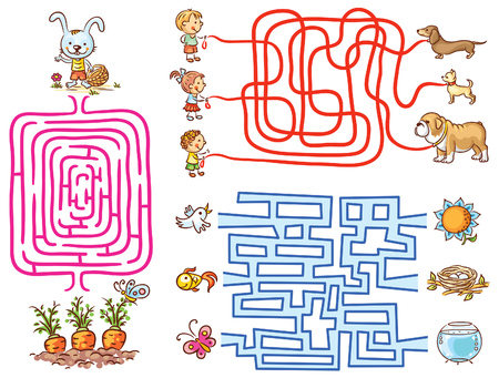 Labyrinth games set for preschoolers: find the way or match elements, colorful cartoonのイラスト素材