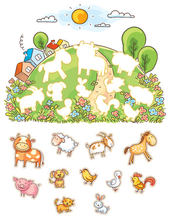 Animals and their shapes matching game, colorful cartoonのイラスト素材