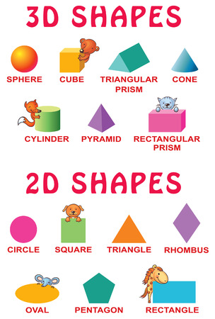Basic 3d and 2d shapes with cartoon animals for preschoolersのイラスト素材