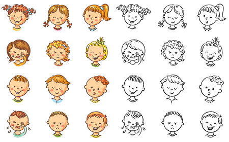Set of different kids with various emotions, both colorful and black and whiteのイラスト素材