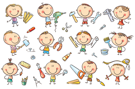 Funny cartoon kids with different tools for construction, measurements, painting. No gradients used, easy to print and edit. Vector files can be scaled to any size.のイラスト素材