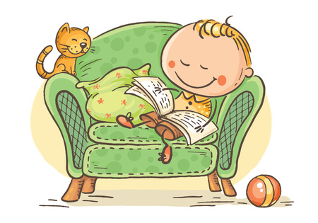Little child reading a book in an arm-chair with his cat, colorful vector graphicsのイラスト素材