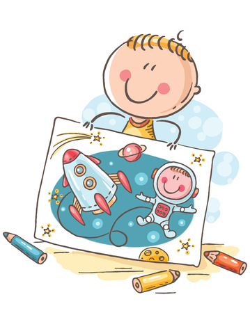 Little boy imagining himself an astronaut with a rocket in space, cartoon vector drawingのイラスト素材