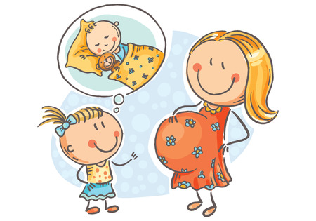Pregnant mother and little daughter talking about the future baby, cartoon vector illustrationのイラスト素材