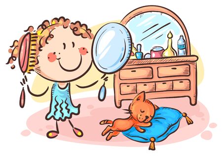 Happy cartoon girl combing her hair, colorful vector illustrationのイラスト素材