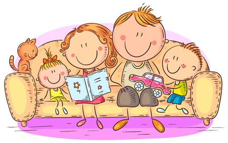 Family with two children at home togetherのイラスト素材