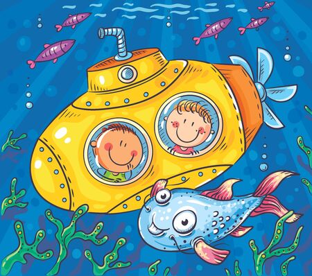 Children in a submarine explore the underwater world, Vector, Childs Drawingのイラスト素材