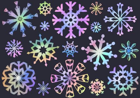 Set of colorful pastel snowflakes drawings, clipartの写真素材
