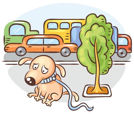 A dog is lost in a busy city streetのイラスト素材