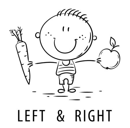 Kid learning left and right holding different objectsのイラスト素材