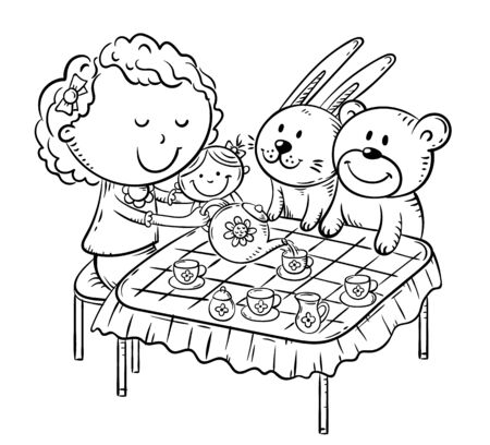 girl is playing with her toys making tea party at the table with small cups and a teapotのイラスト素材