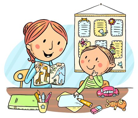 Child and teacher or mother reading a book together and describing pictures, individual lessonのイラスト素材
