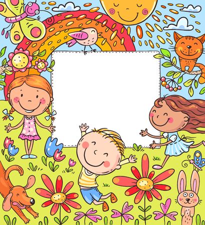 Cartoon frame with happy kids and a blank space, colorful illustrationのイラスト素材