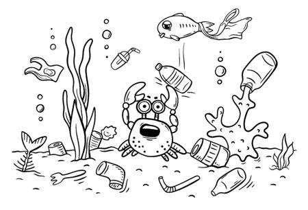Sea animals suffer from ocean pollution with plastics, ecology and environment concept, coloring pageのイラスト素材
