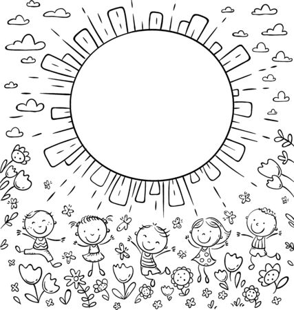 Sun frame with happy doodle kids and a round copy space, outline vector illustrationのイラスト素材