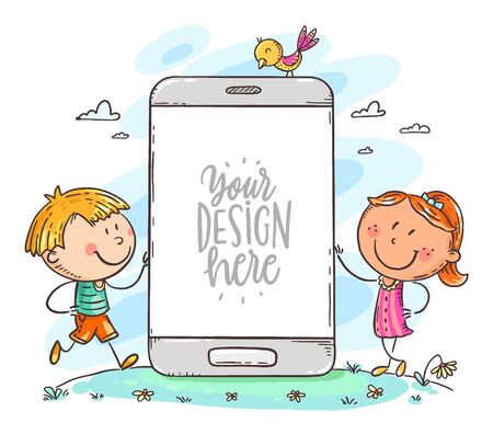 Kids with mobile phone with a blank space for your text or image, colorful vector illustrationのイラスト素材