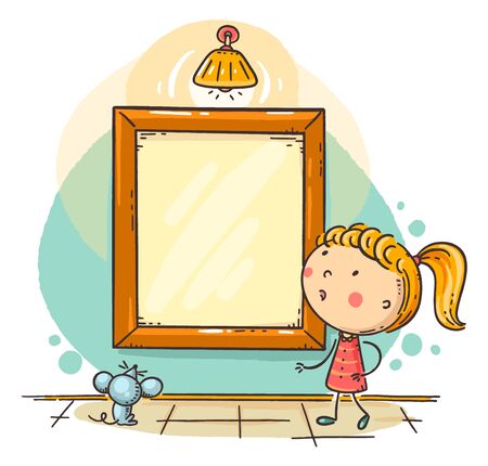 Little girl looking at the picture frame with a copy space for your design, colorful vector illustrationのイラスト素材