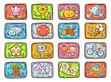 Colorful cards with different objects and animals for some game or task for kidsのイラスト素材
