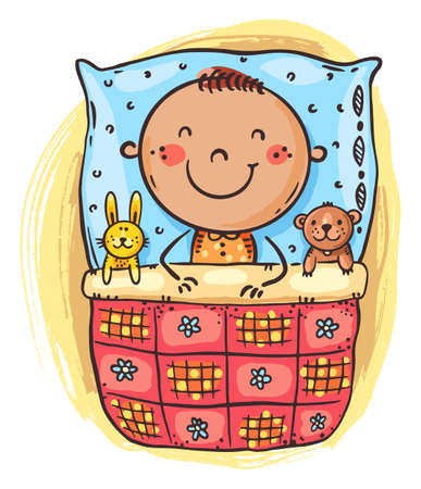 Illustration of cute little kid boy sleeping in bed with her toysのイラスト素材