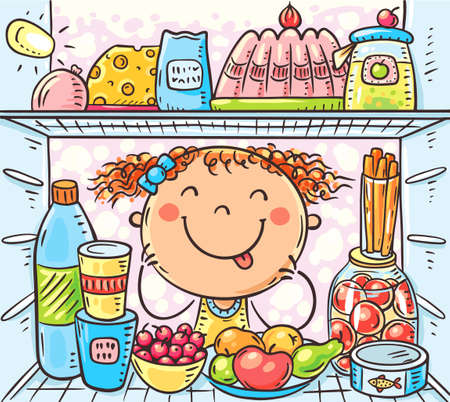 Cartoon girl looking inside fridge with food, colorful vector clipartのイラスト素材
