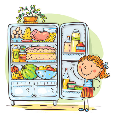 Cartoon kid and fridge with food, healthy eating or cooking concept, drawing, colorful clipartのイラスト素材