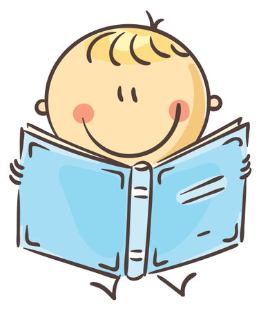 Doodle kid reading a book, sitting on the floor, isolated on white, vector illustrationのイラスト素材