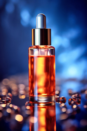 Glamour shot of overnight serum on blue background, advertising beauty product, bottle with space for text. AI generativeの素材