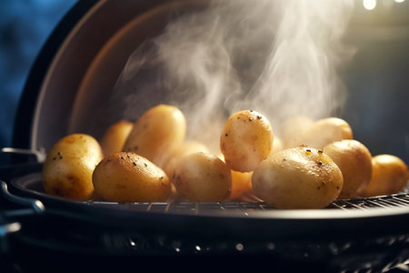 Cooking grilled potatoes at home in air fryer. Close-up photography healthy food. AI generativeの素材
