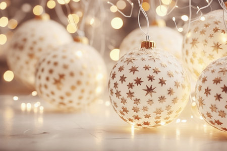 Christmas balls on glowing sparkling background bokeh, shiny holiday wallpaper. AI generativeの素材