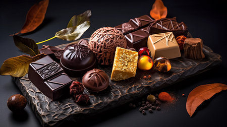 Handcrafted chocolate, gourmet dessert, close-up photography on dark background. AI generativeの素材
