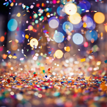 Close-up photography with confetti falling everywhere, celebration party, social event. AI generativeの素材