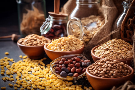 Closeup photo of healthy food ingredients. Cereals and nuts, balanced diet nutrient-rich. AI generativeの素材