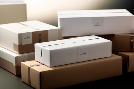 Group of cardton boxes, close-up photography, blank space. AI generativeの素材