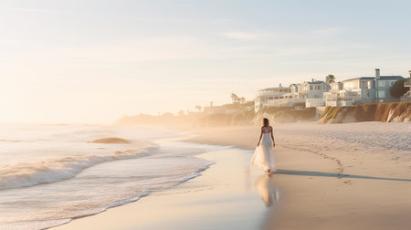 Beautiful young woman in white dress walking on the beach at sunrise. Light backdrop, neutral colors. AI generativeの素材