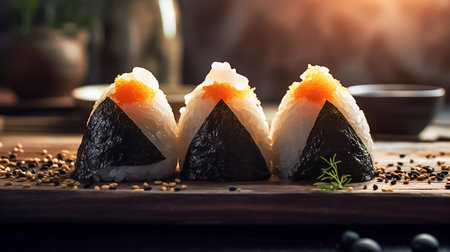 Traditional japanese rice balls or onigiri on a wooden table. Closeup photography. AI generativeの素材
