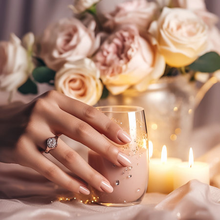 Beautiful female hand with nail polish manicure and engagement ring, rose flowers bouquet on background. Romantic dinner in restaurant, close-up photo. Generative AIの素材