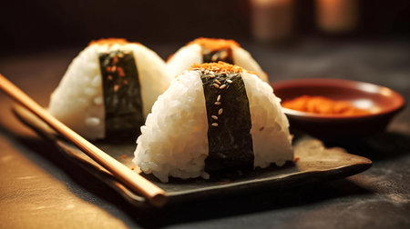 Japanese rice balls or onigiri on a dark background. Close-up photography. AI generativeの素材