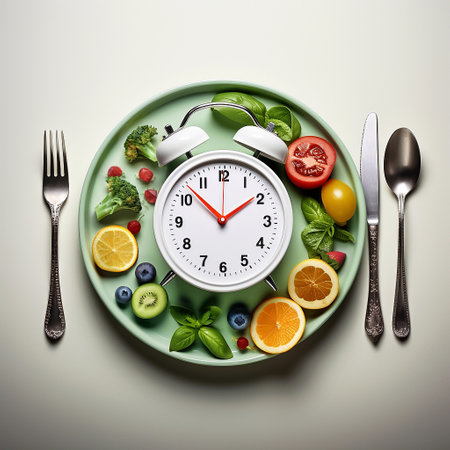 Intermittent fasting concept, illustration with alarm clock and fresh vegetables and fruits on plate. Healthy food. AI generativeの素材