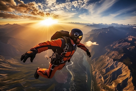 Skydiving. Man in orange skydiving suit in flight. Extreme sport. AI generativeの素材