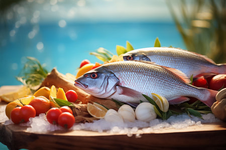 Fresh sea fish with vegetables on a wooden board on the background of seascape. Healthy food concept. Close-up photography. AI generativeの素材