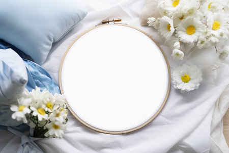 Embroidery hoop mockup with blank space. Background with daisies on fabric, close-up top view. AI generativeの素材