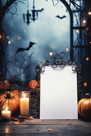 Blank Halloween card or invitation. Halloween vertical background with a pumpkins, candles and blank paper sheet with space for your messages. AI generativeの素材