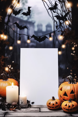 Blank Halloween card or invitation. Halloween vertical background with pumpkins, candles and blank paper sheet with space for your text of party invitation. AI generativeの素材