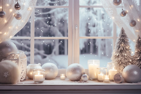 Christmas decoration on the windowsill. Beautiful Christmas setting. Xmas background in white tones. AI generativeの素材