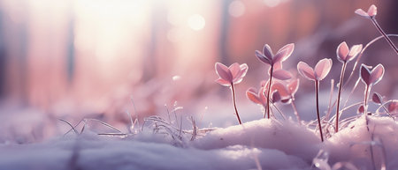 Spring flowers in the snow. Beautiful nature background. Springtime. Close-up horizontal blurred background in muted colors. Generative AIの素材